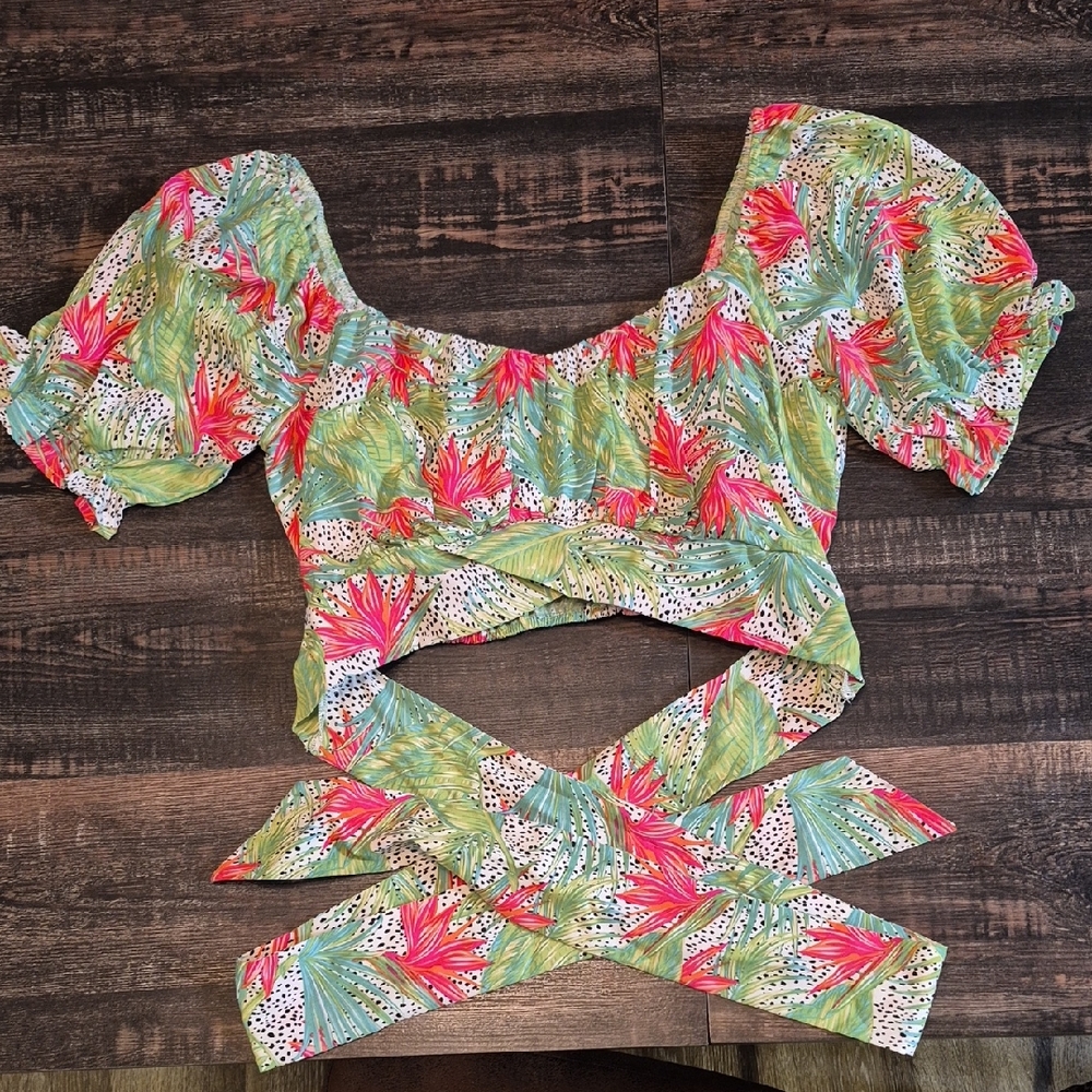 Vibrant Leaf Print Wrap Blouse